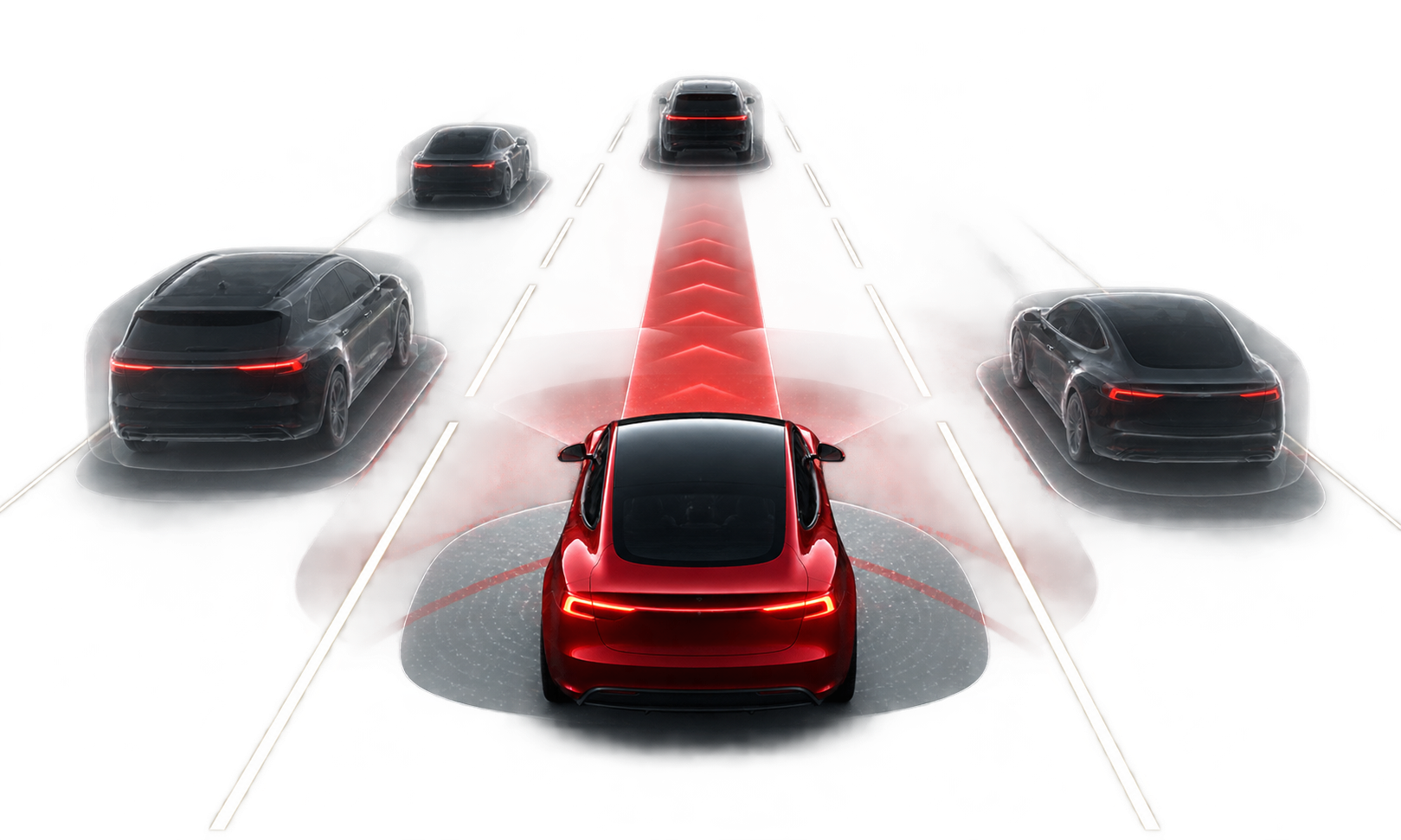 FSD-style perception view showing a supervised vehicle tracking nearby traffic